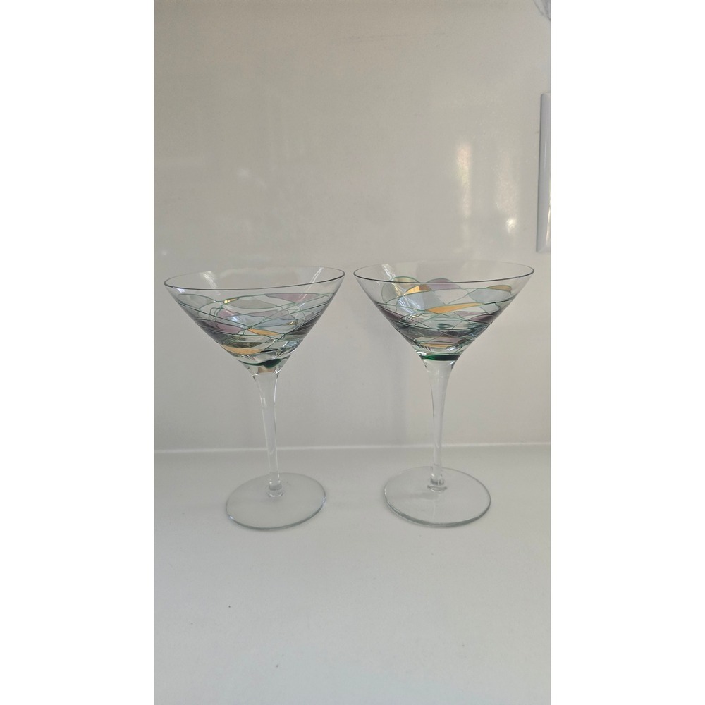 Fostoria Set of 2 Hand Painted mosaic Stained Glass Style Martini glasses